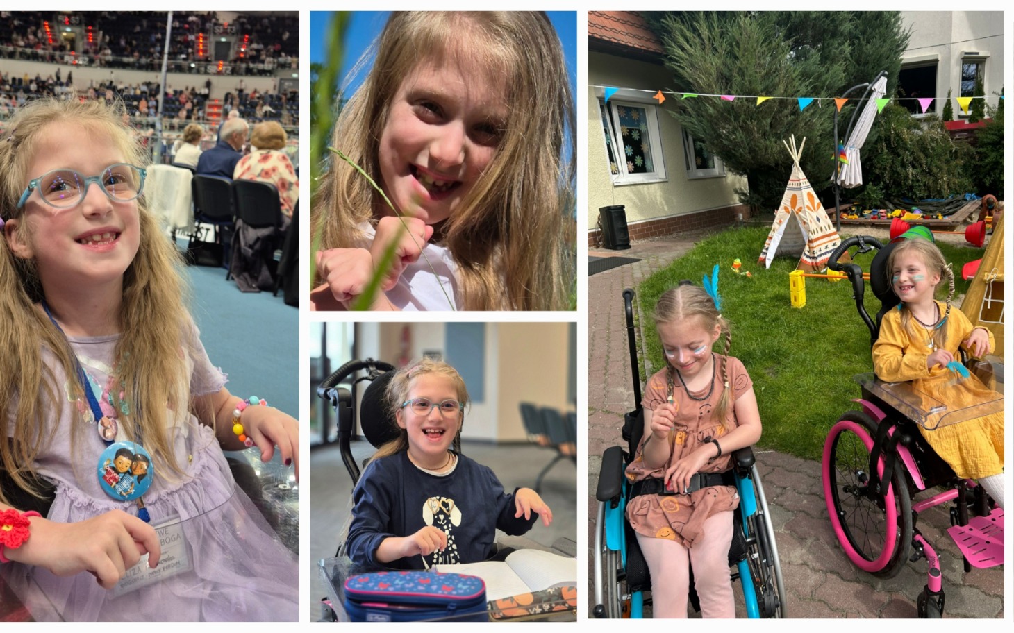 
        Uśmiechnięta dziewczynka trzymająca roślinę w dłoni.
    