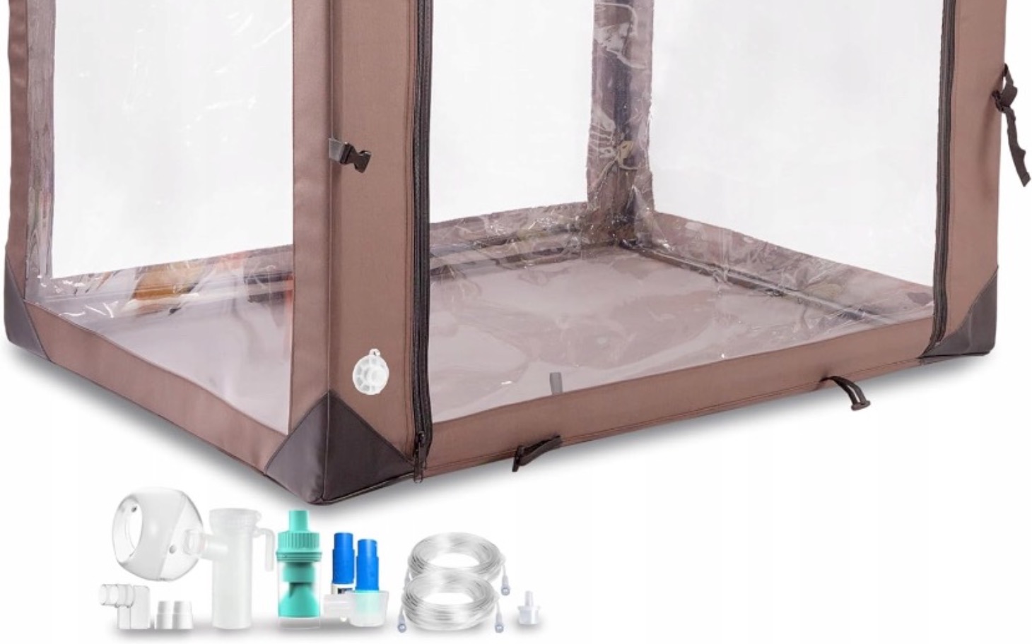 
        Przezroczysta kabina z akcesoriami do montażu.
    