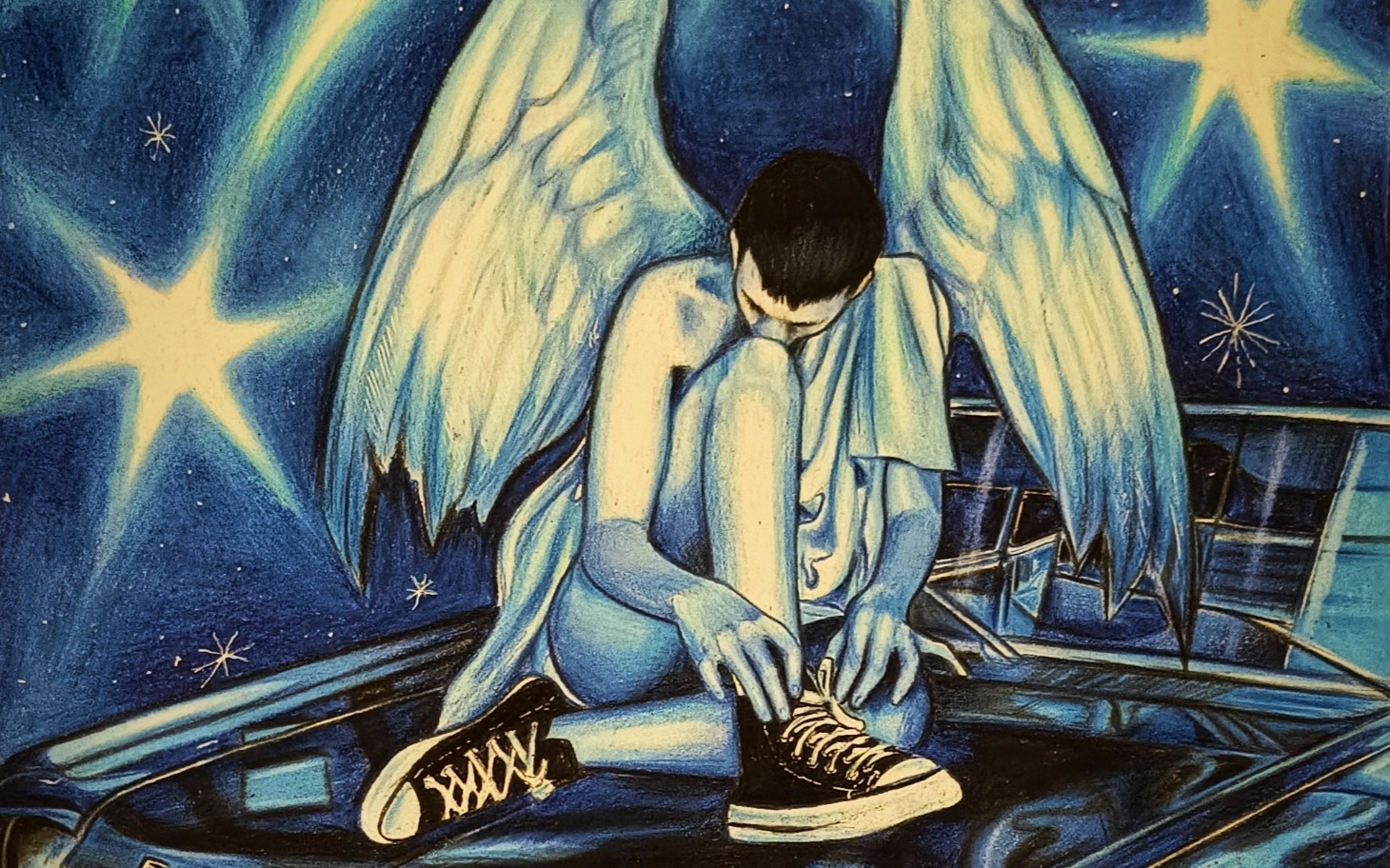 
        Rysunek anioła w niebieskich odcieniach, siedzącego na dachu.
    