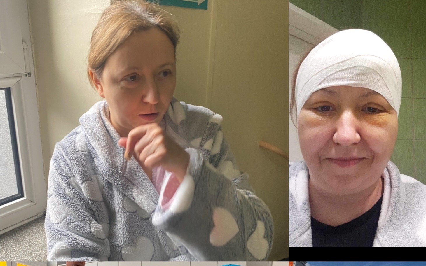 
        Kobieta w szarej piżamie, wygląda na zamyśloną, siedząc w korytarzu.
    