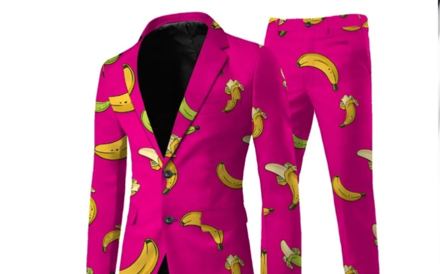 
        Różowy garnitur w banany, idealny na wyjątkowe okazje.
    
