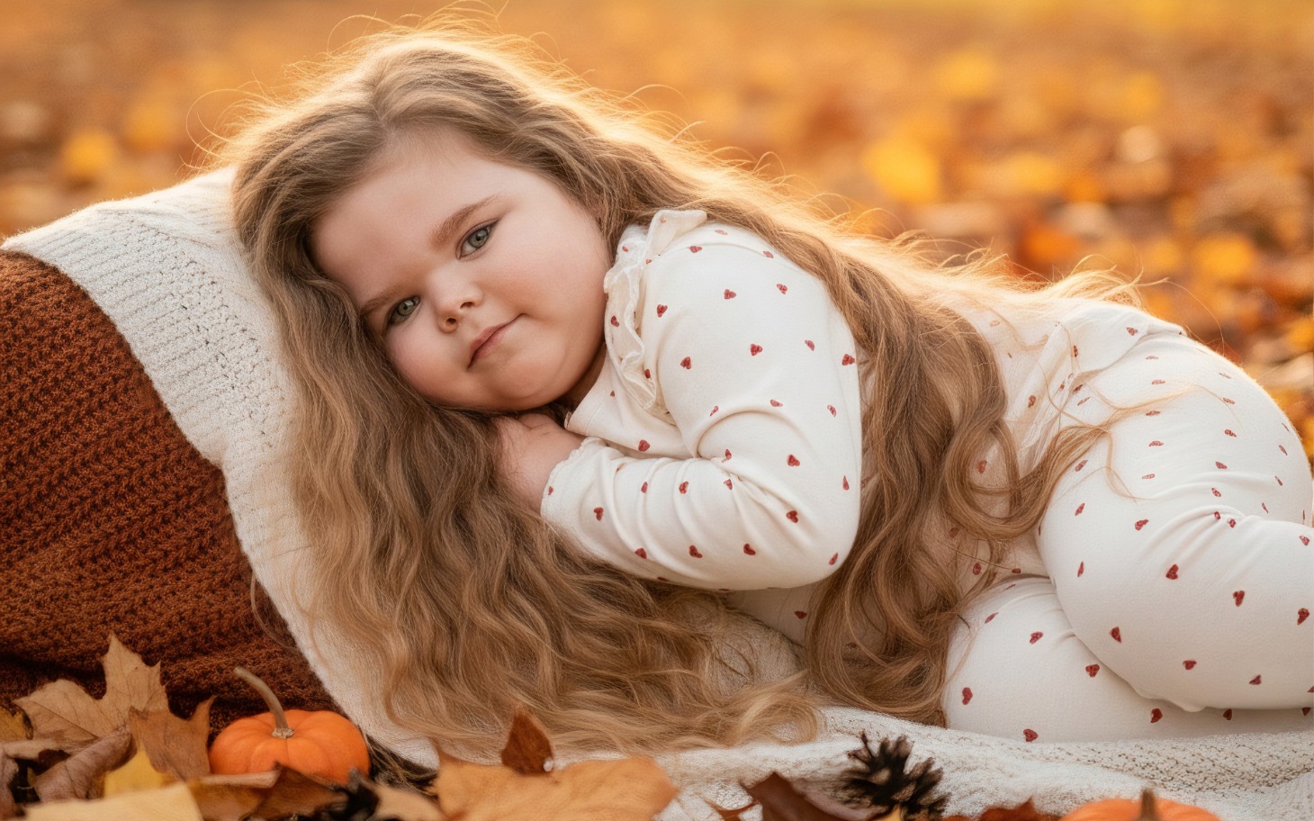 
        Mała dziewczynka leżąca na kocu wśród liści.
    