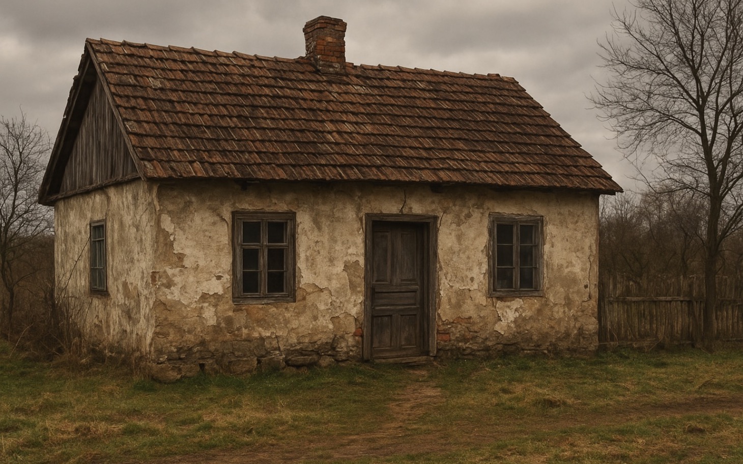 
        Stara, zniszczona chatka na tle szarego nieba.
    