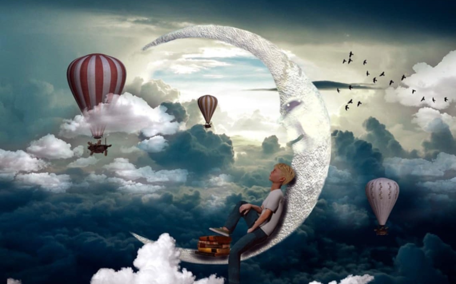 
        Ilustracja przedstawiająca chłopca na księżycu wśród balonów.
    