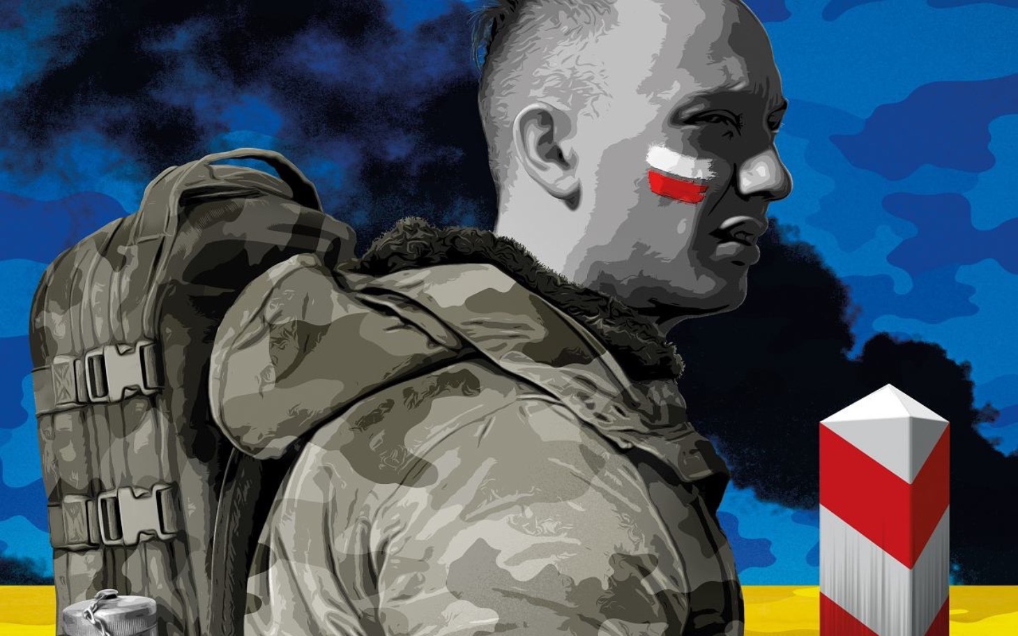 
        Żołnierz z flagą Polski na twarzy, w tle niebiesko-żółta flaga.
    