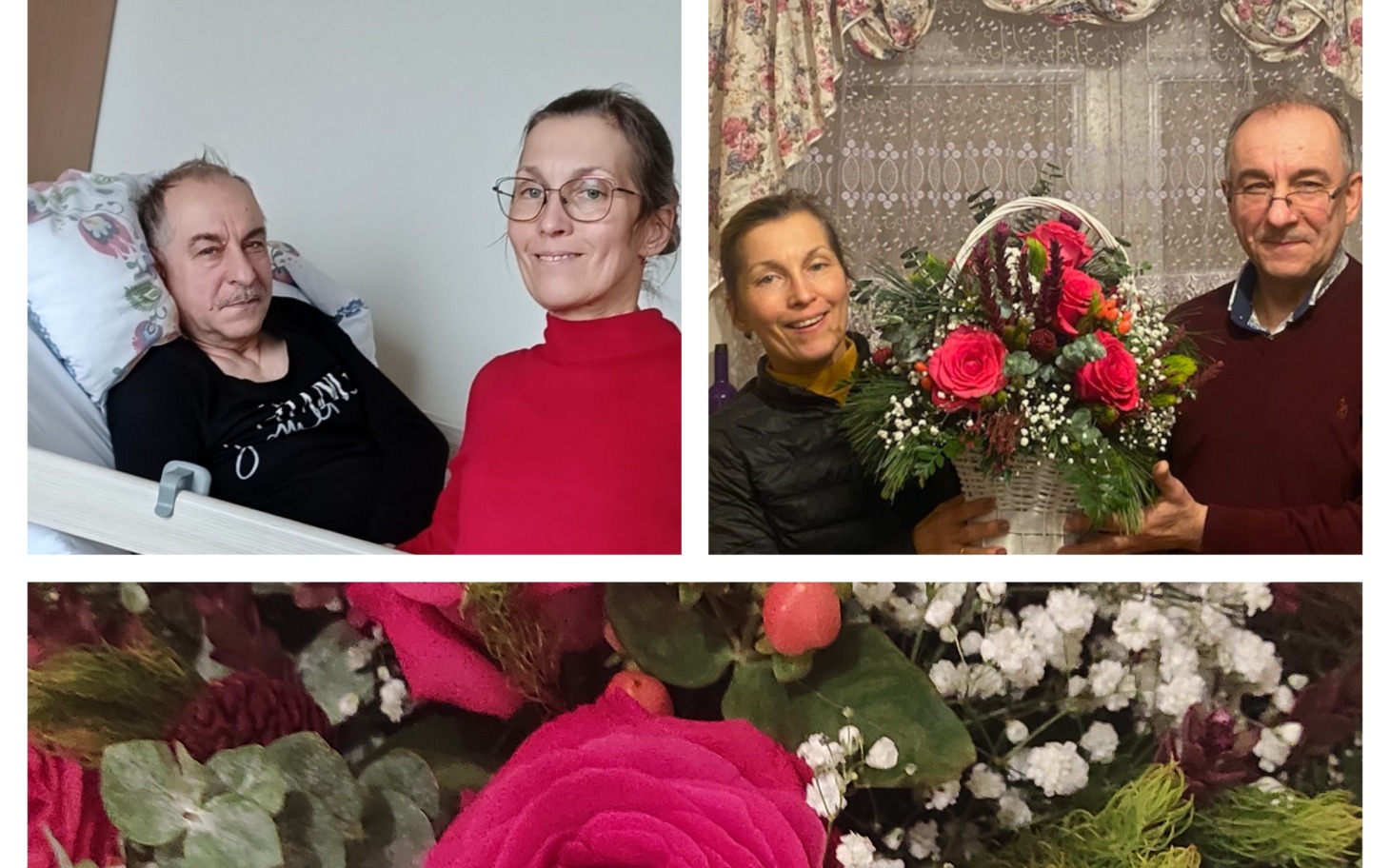 
        Rodzina w szpitalu, trzymają kwiaty w dłoniach.
    