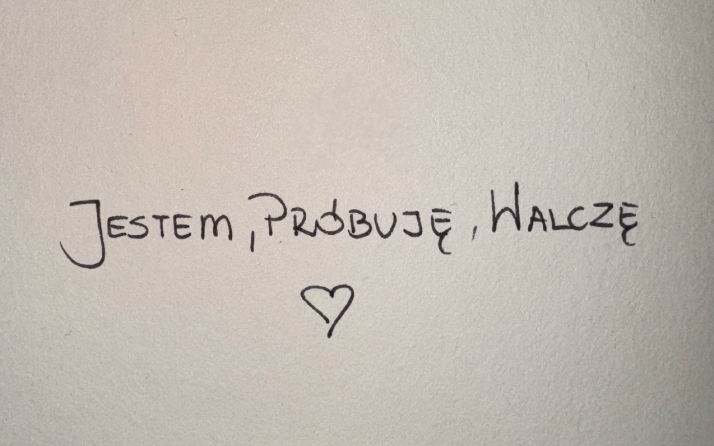 
        Napis na ścianie: 'Jestem, próbuję, walczę'.
    