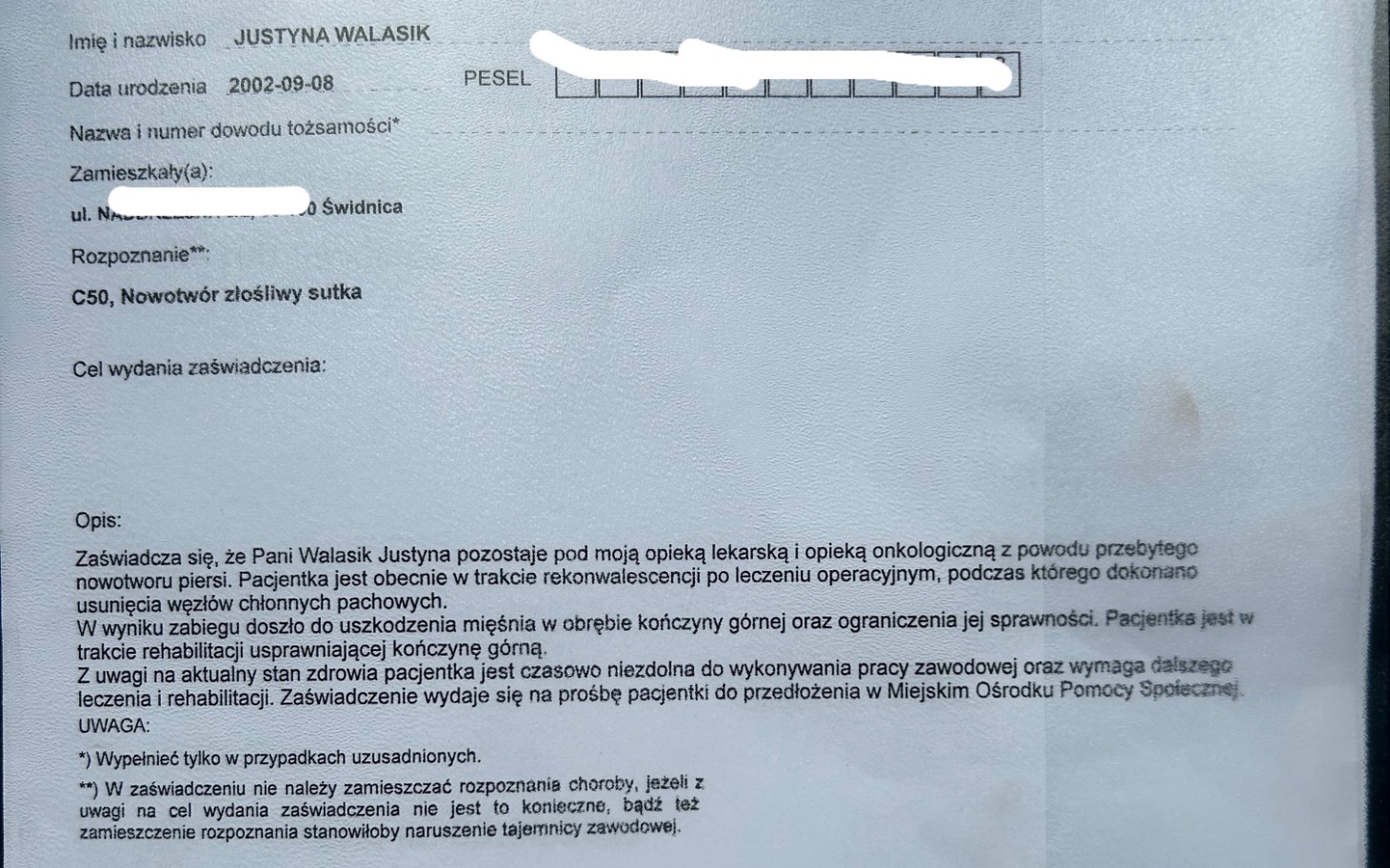 
        Dokument potwierdzający opiekę onkologiczną dla Justyny Walasik.
    