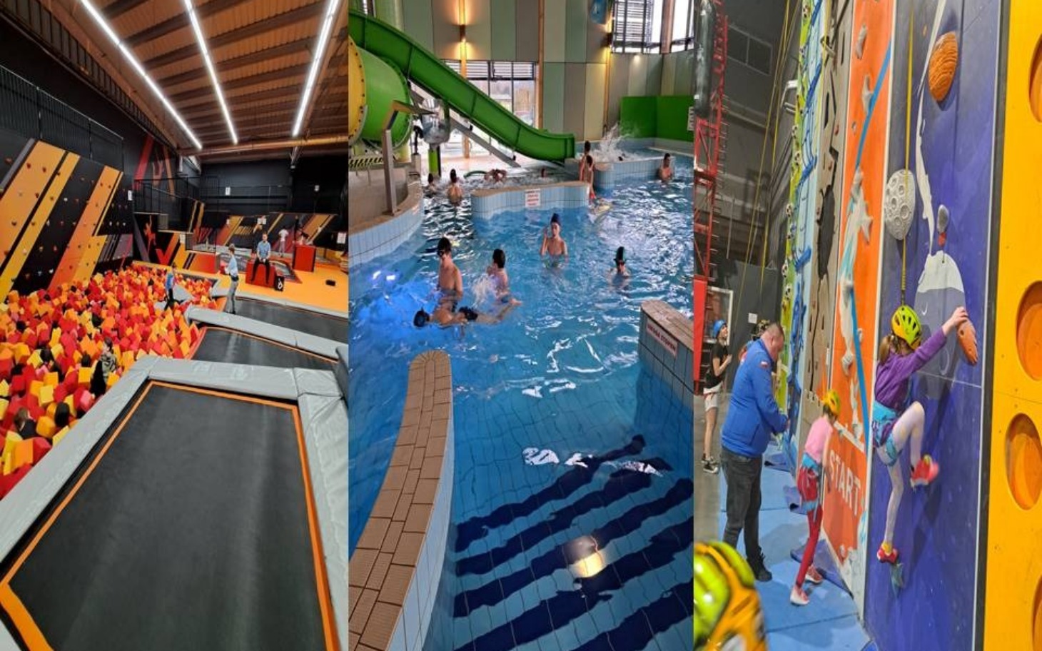 
        Widok na strefę zabaw z trampolinami i basenem z piłkami.
    