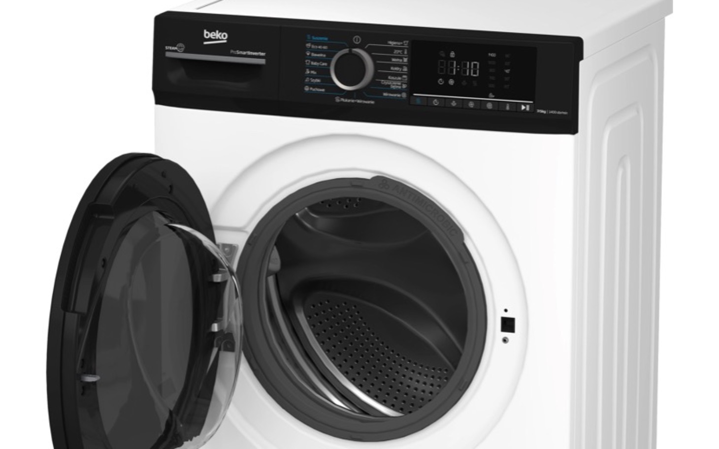
        Pralka Beko z otwartymi drzwiami, gotowa do użycia.
    