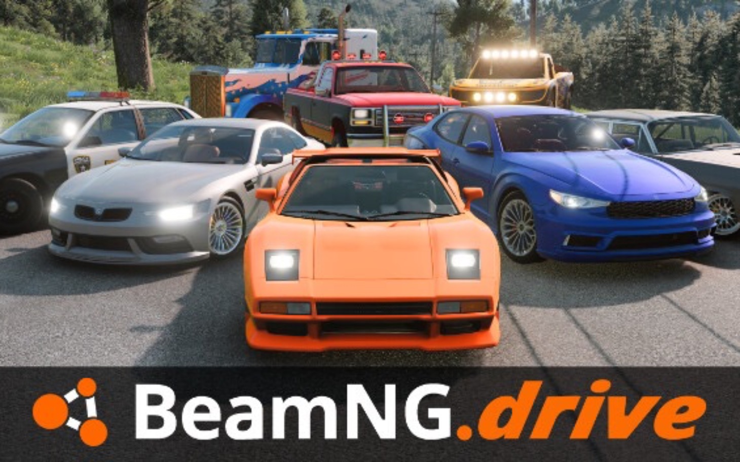 
        Logo gry BeamNG.drive z różnymi samochodami.
    