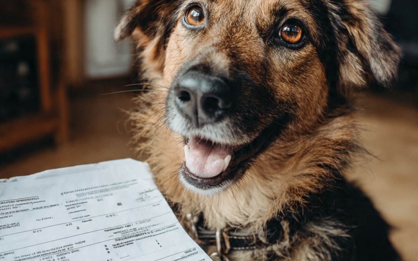 
        Szczęśliwy pies z dokumentami w pysku, patrzący w obiektyw.
    