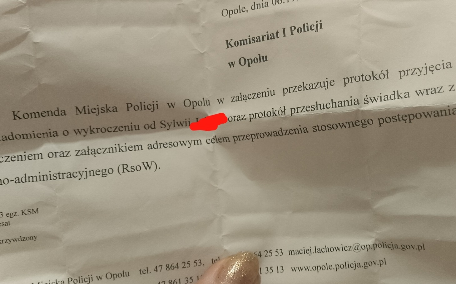 
        Dokument z policji dotyczący wykroczenia.
    