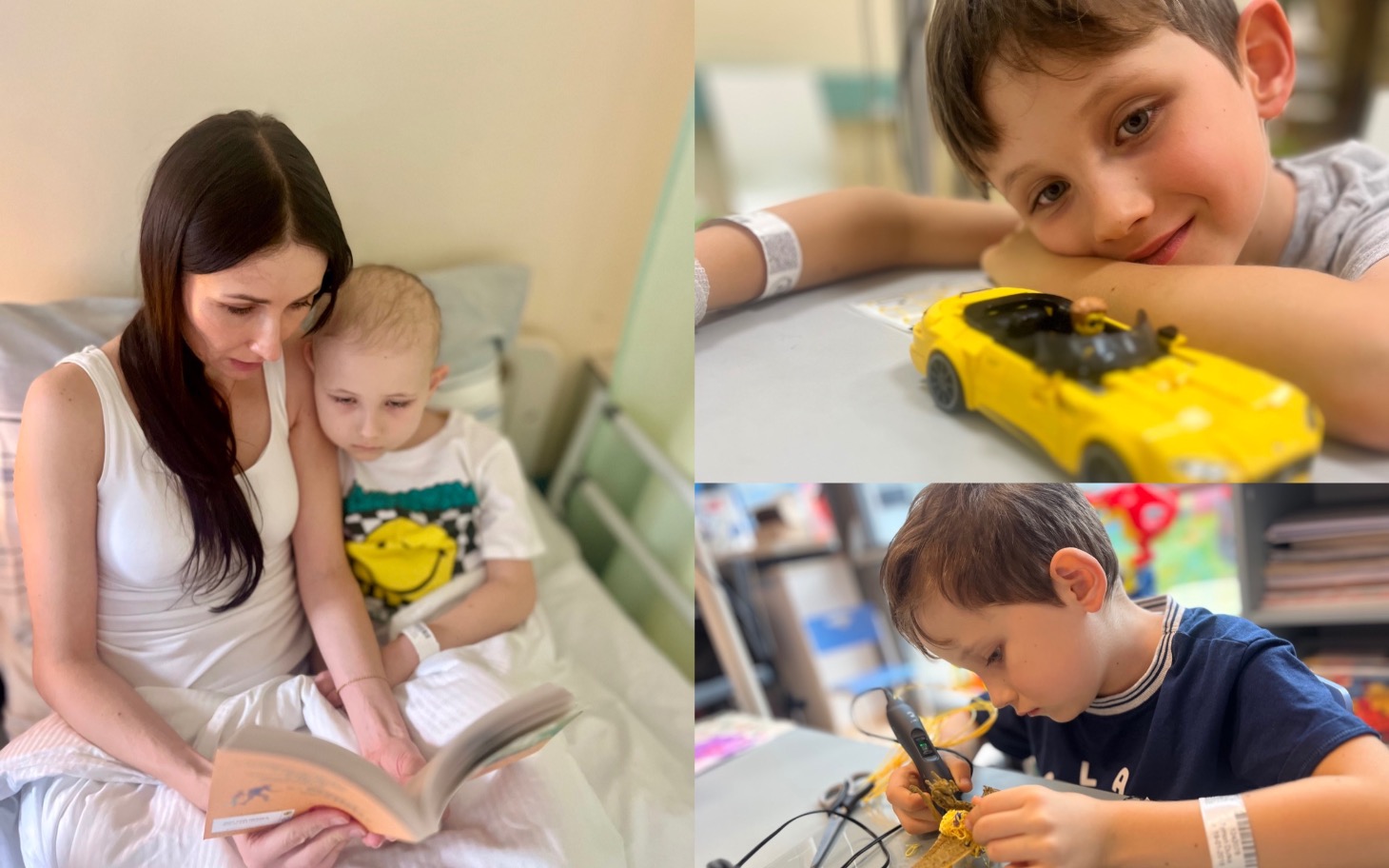 
        Matka czytająca książkę z dzieckiem w szpitalu.
    