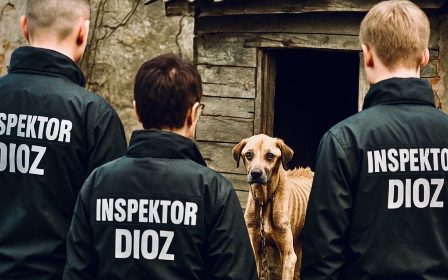 
        Inspektorzy sprawdzają warunki życia psa w trudnej sytuacji.
    