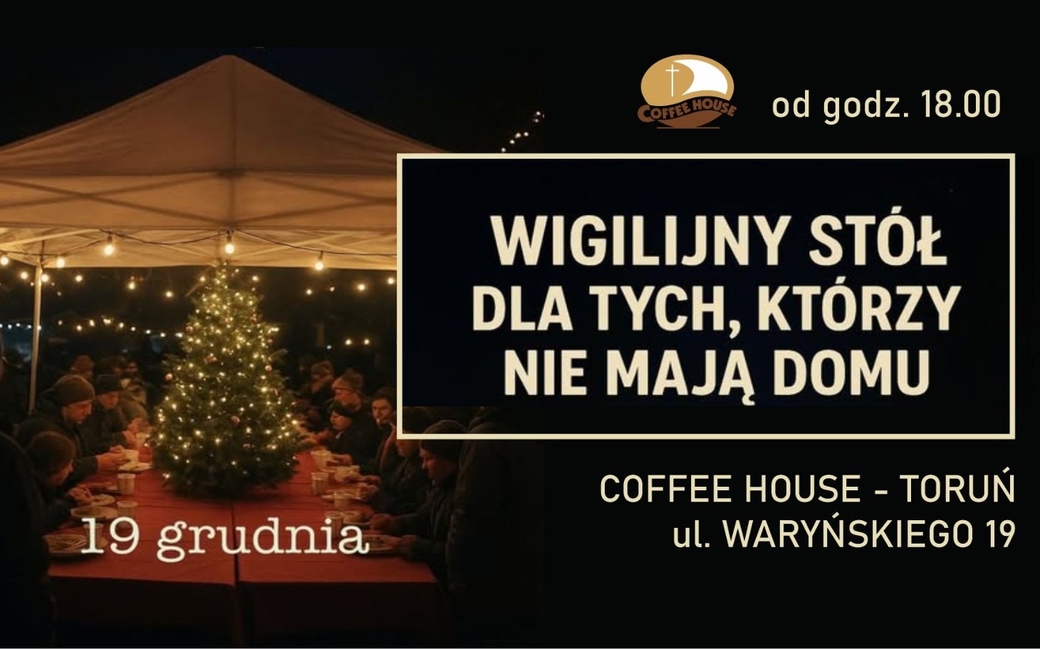 
        Wigilijny stół z lampkami, drzewkiem i ludźmi w kawiarni.
    