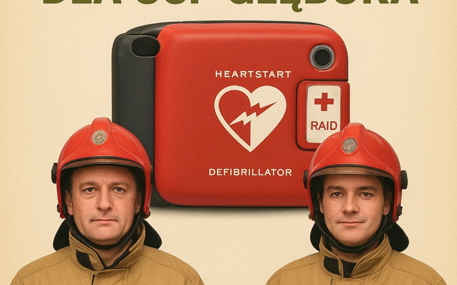 
        Dwaj strażacy z defibrylatorem, gotowi do akcji ratunkowej.
    