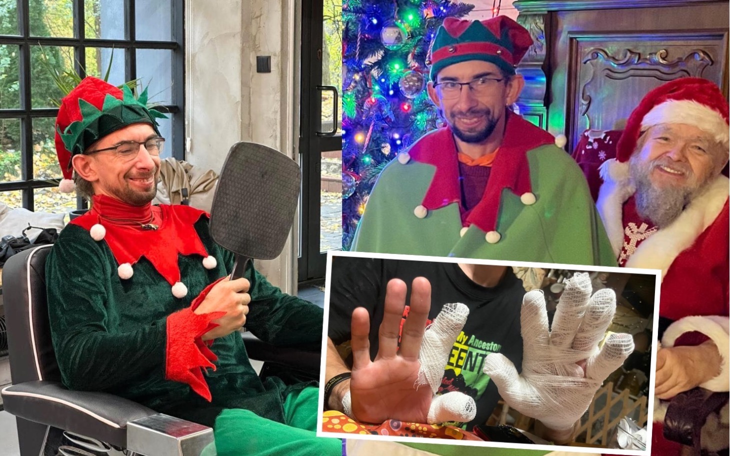 
        Mężczyzna przebrany za elfa, pozujący z innymi postaciami.
    