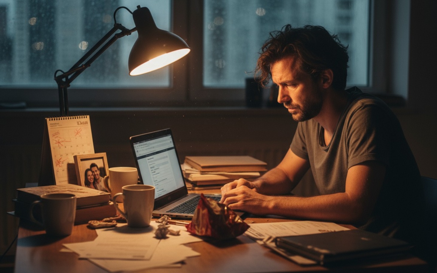 
        Mężczyzna pracujący przy biurku w wieczornym świetle lampy.
    