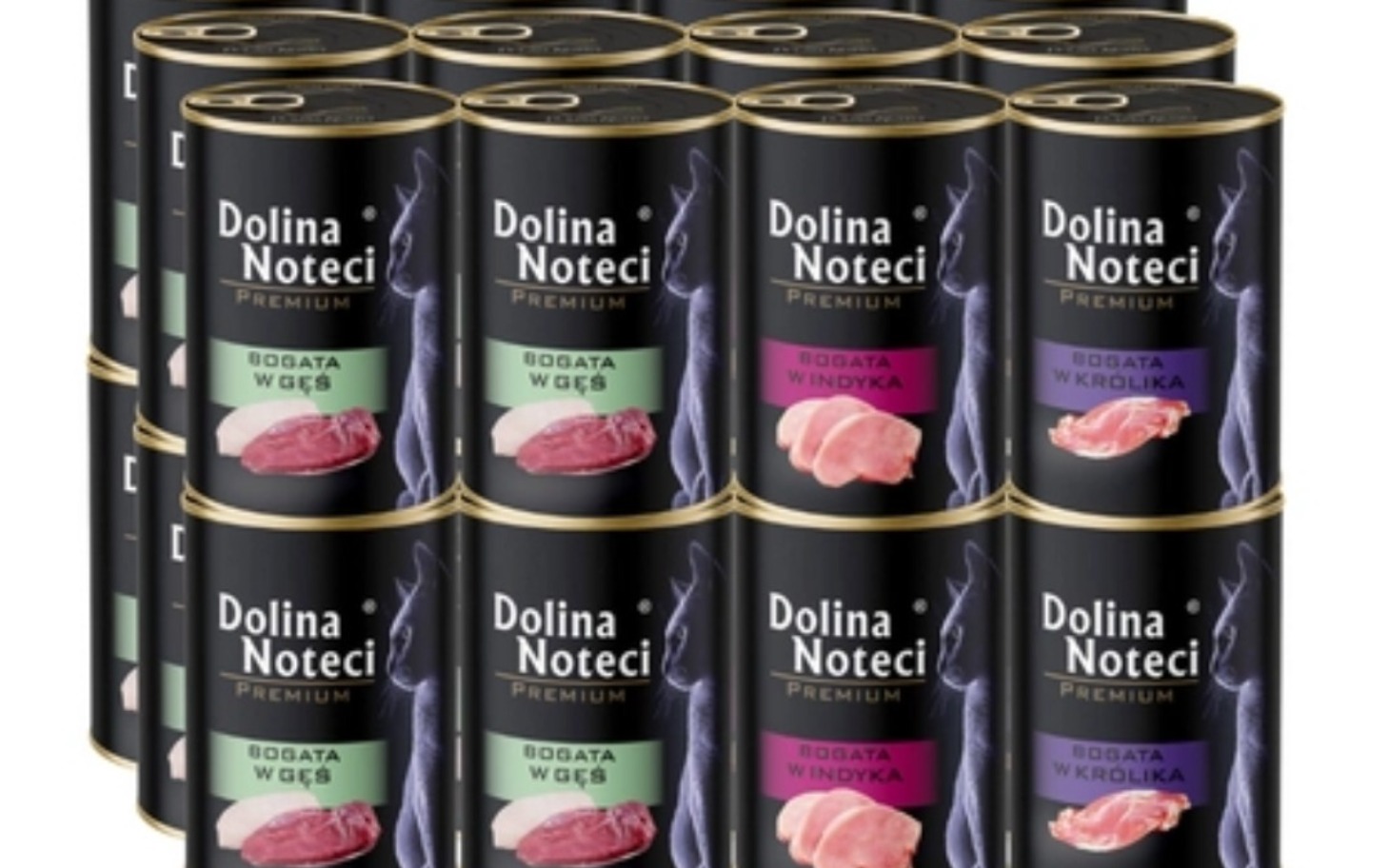 
        Puszki karmy dla psów, różne smaki, ustawione w rządku.
    