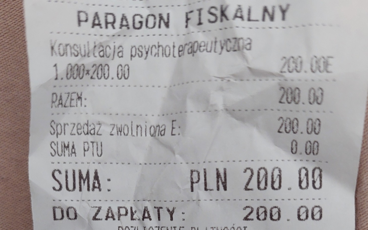 
        Paragon fiskalny za konsultację psychoterapeutyczną.
    