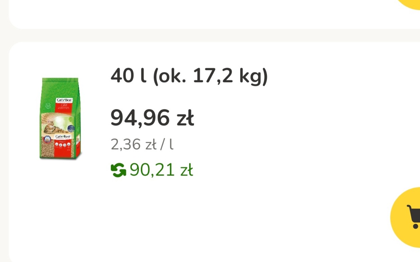 
        Zawartość opakowania 40 l karmy dla zwierząt, cena 94,96 zł.
    