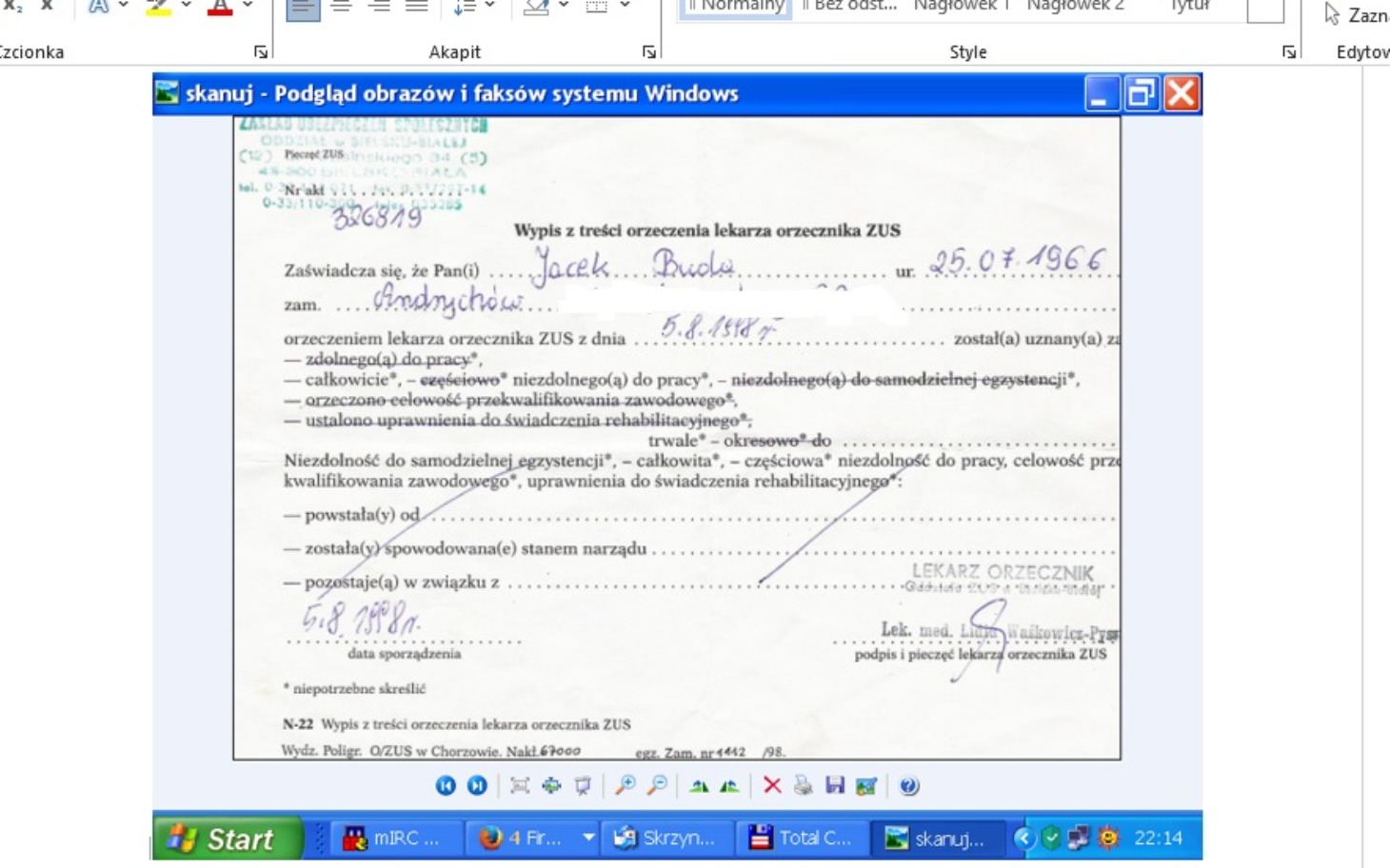 
        Dokument z danymi osobowymi i orzeczeniem lekarskim.
    