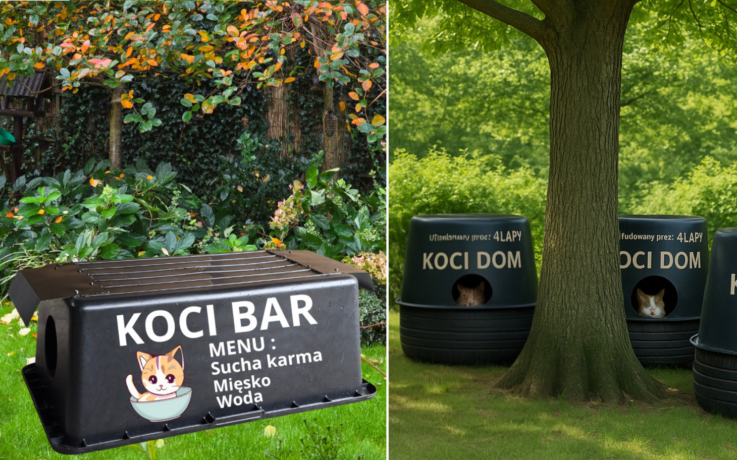 
        Koci bar w ogrodzie, z jedzeniem i wodą dla kotów.
    