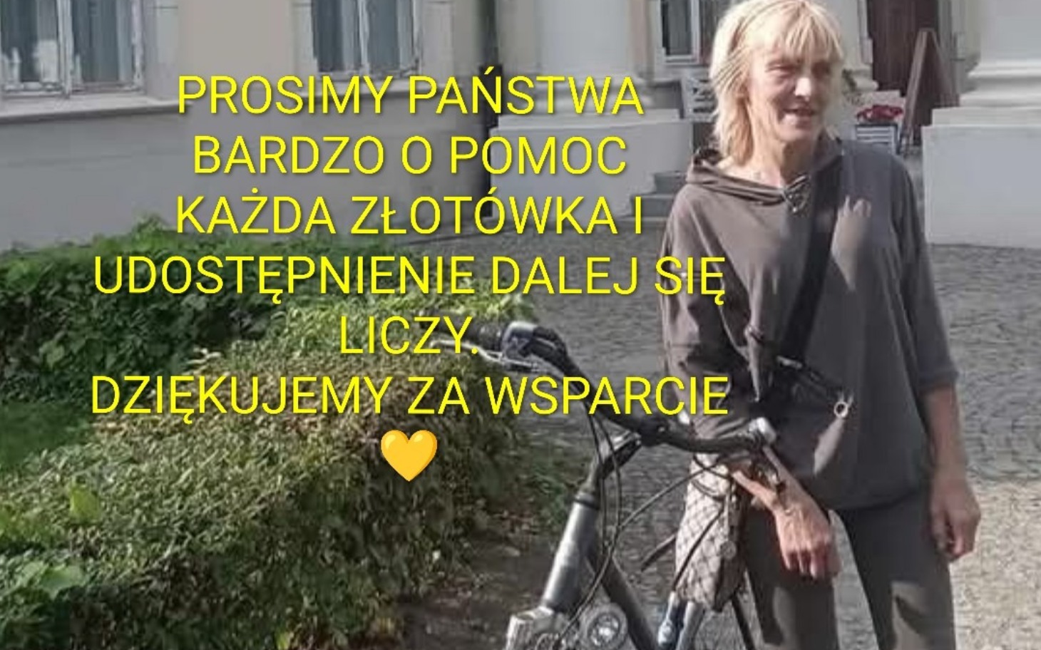 
        Kobieta z rowerem, prosząca o wsparcie finansowe.
    