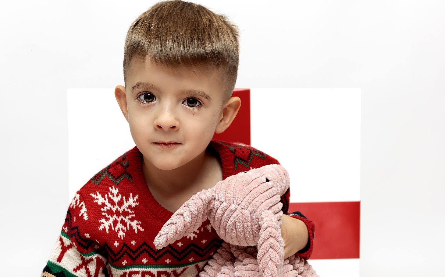 
        Chłopiec w swetrze z mikołajem trzyma różowego królika.
    