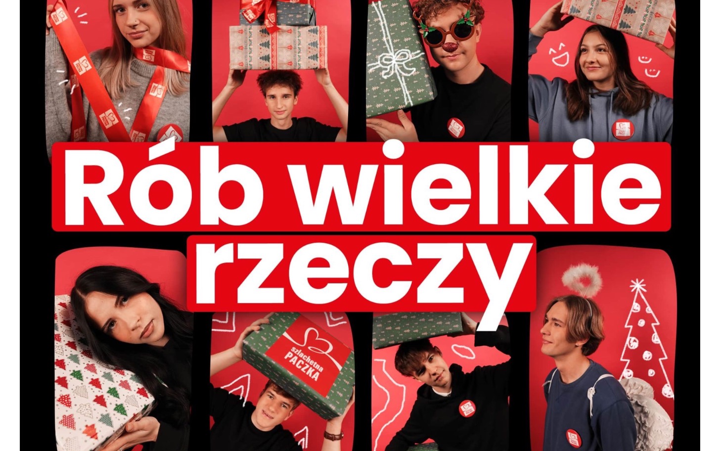 
        Grupa młodych ludzi z prezentami na tle czerwonym.
    