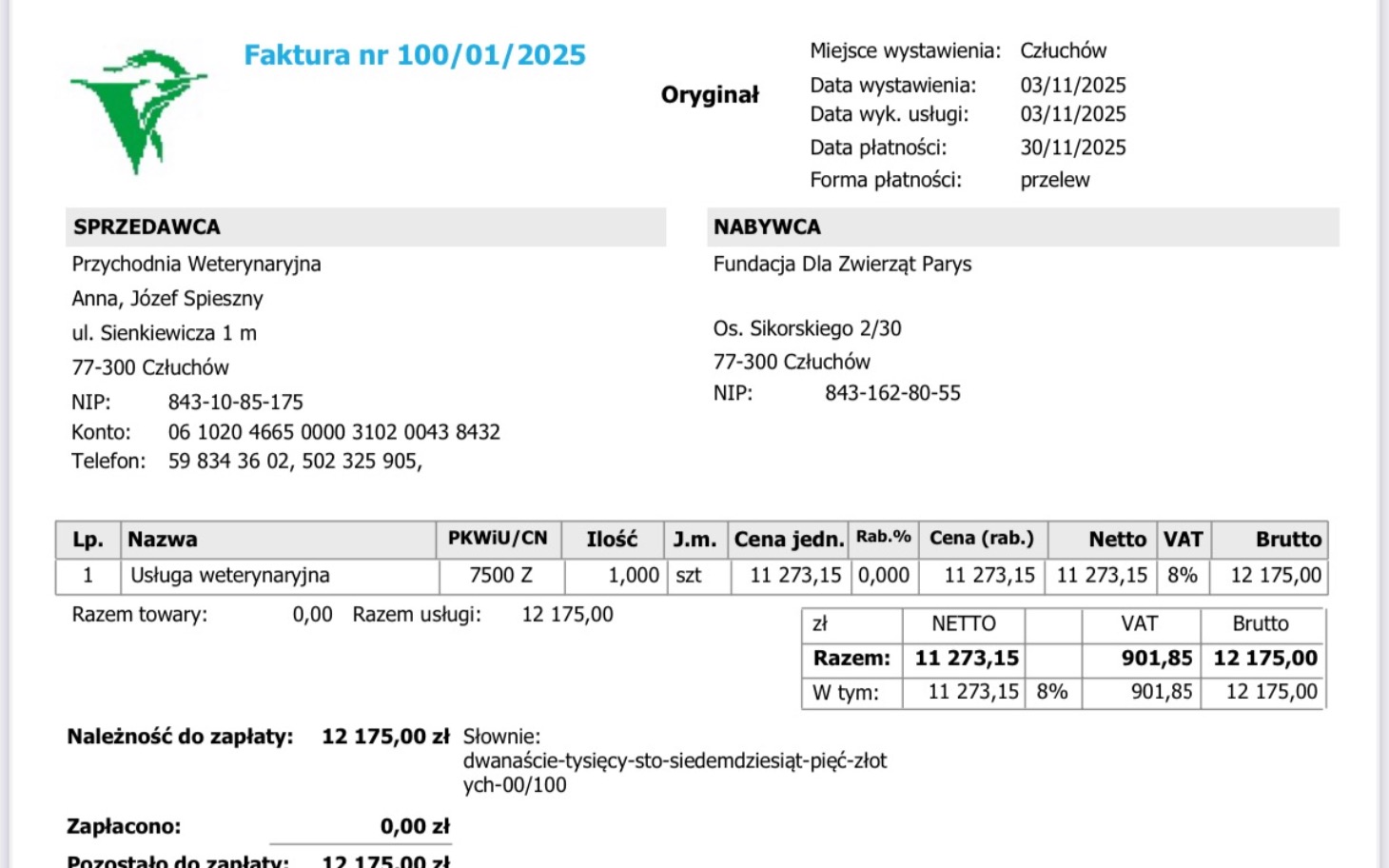 
        Faktura za usługi weterynaryjne.
    