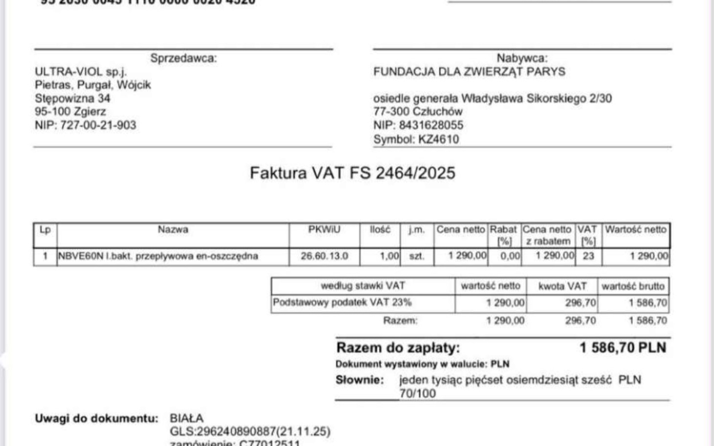 
        Faktura VAT za usługi.
    