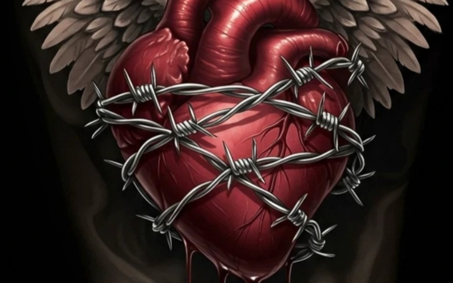 
        Serce owinięte drutem kolczastym z anielskimi skrzydłami.
    