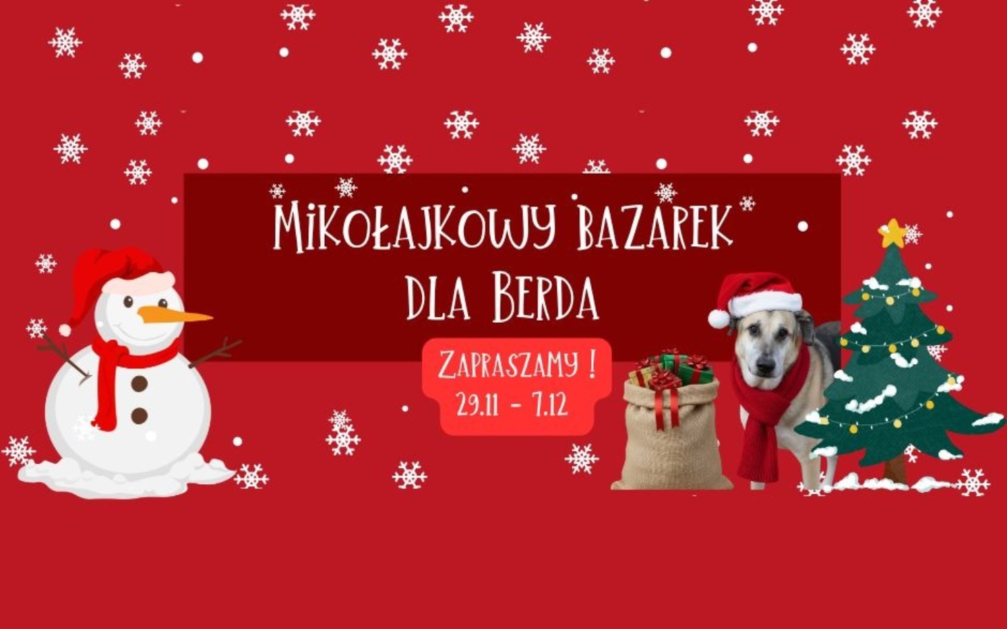 
        Plakat z Mikołajem i psem, zaproszenie na bazarek.
    