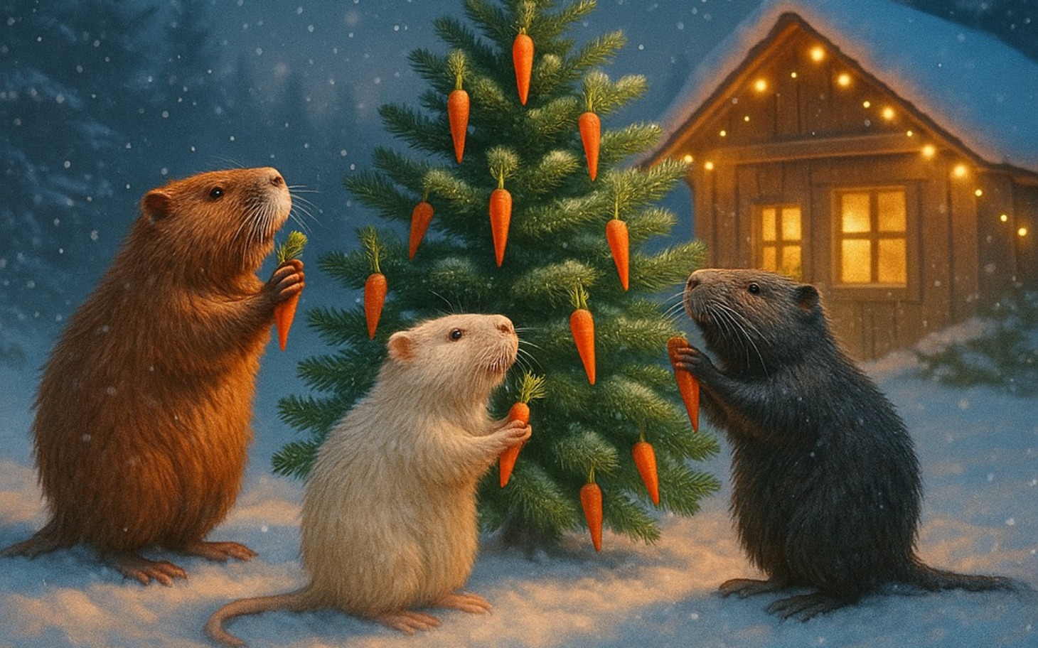 
        Trzy szczury dekorują choinkę marchewkami w zimowej scenerii.
    