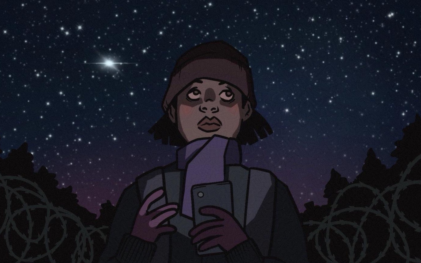 
        Osoba patrząca w niebo pełne gwiazd, trzymająca telefon.
    