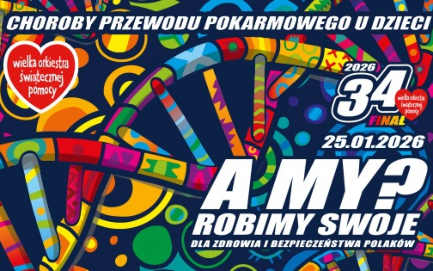 
        Plakat promujący wydarzenie charytatywne, z kolorowymi grafikami.
    