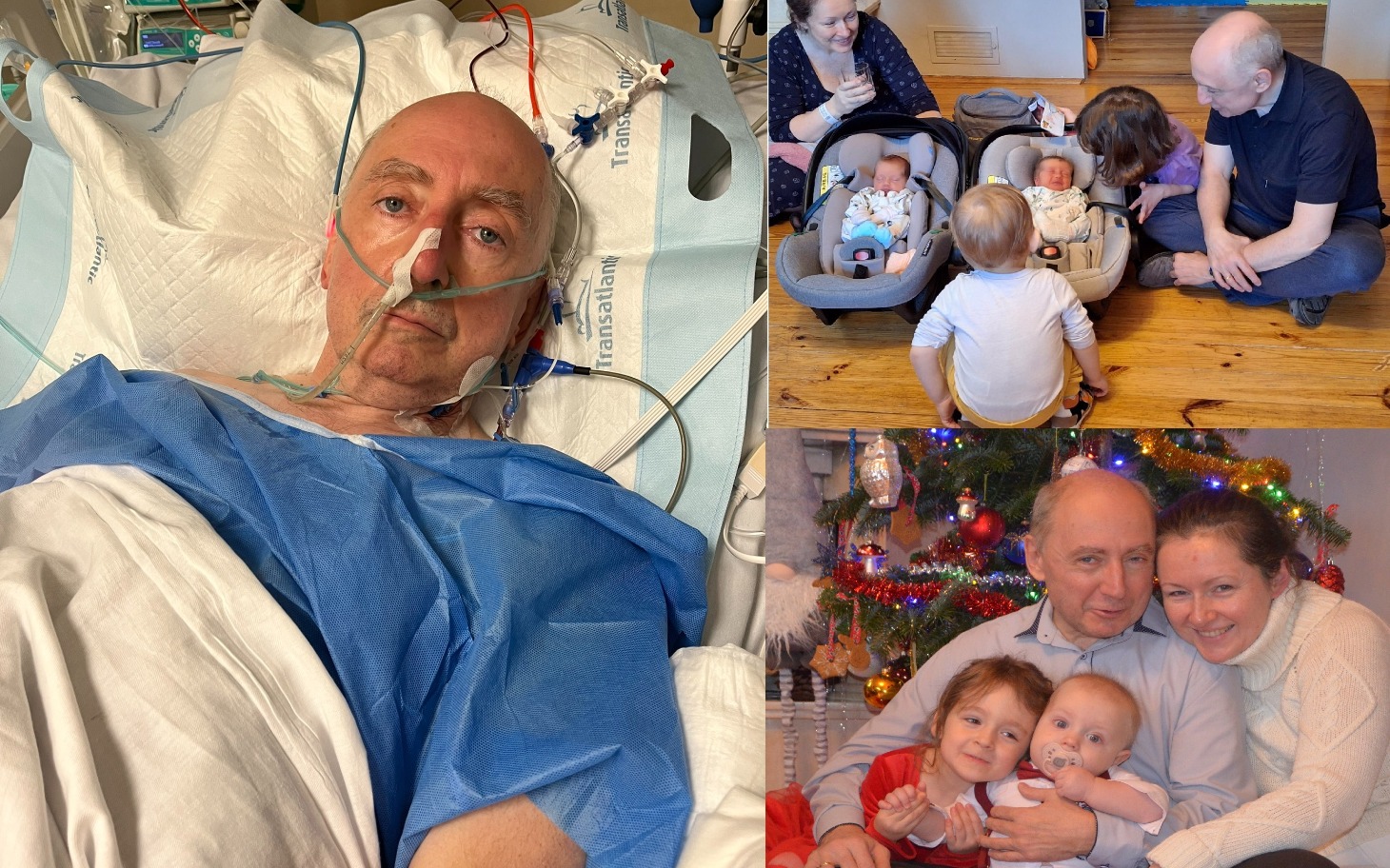 
        Mężczyzna w szpitalu, podłączony do aparatury medycznej.
    