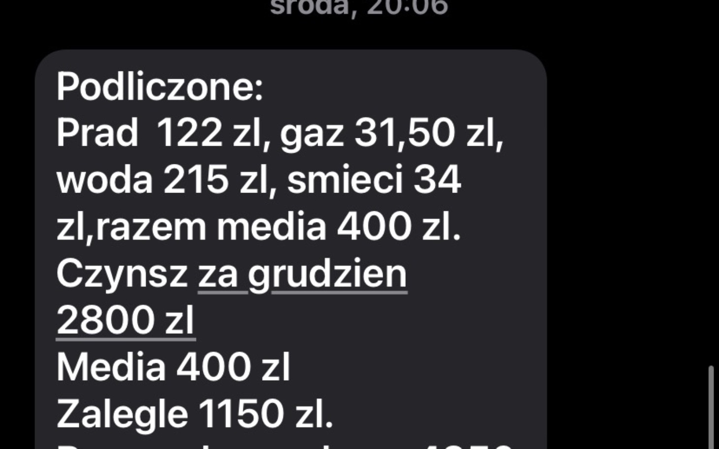 
        Zrzut ekranu z wiadomości, z rachunkami i wydatkami.
    
