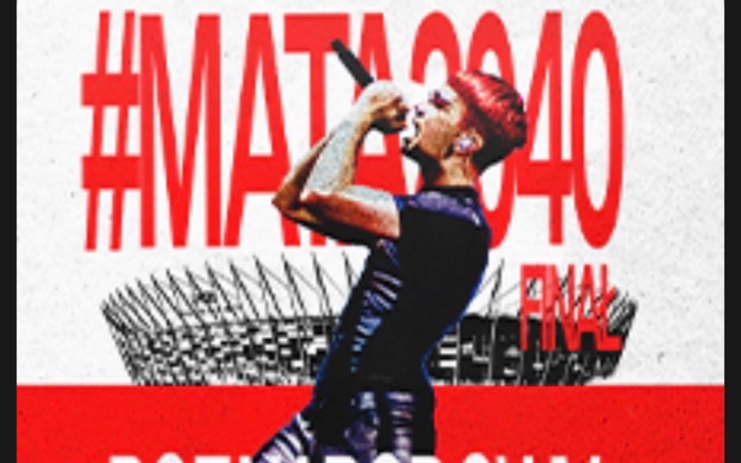 
        Plakat koncertu z artystą na scenie, z hashtagiem #MATA2040.
    