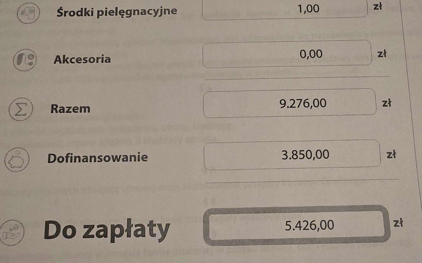 
        Dokument z informacjami o kosztach i do zapłaty.
    