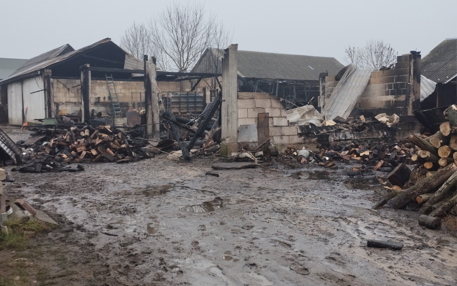 
        Zniszczony budynek po pożarze, z drewnem w tle.
    