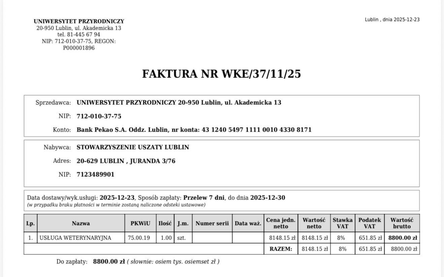 Faktura z informacjami o usłudze weterynaryjnej.