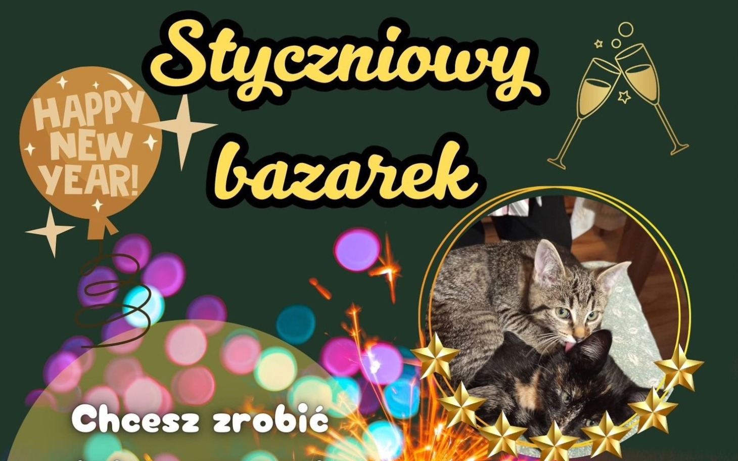 
        Plakat noworoczny z kotami i życzeniami.
    