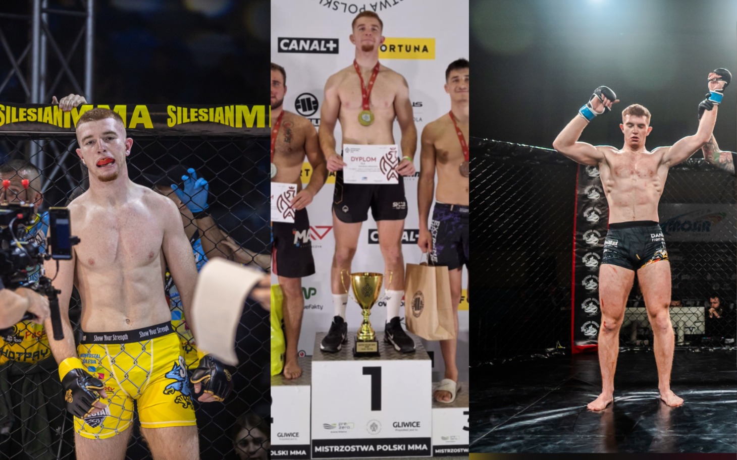 
        Zawodnik MMA z medalem, dumnie prezentujący swoje osiągnięcia.
    