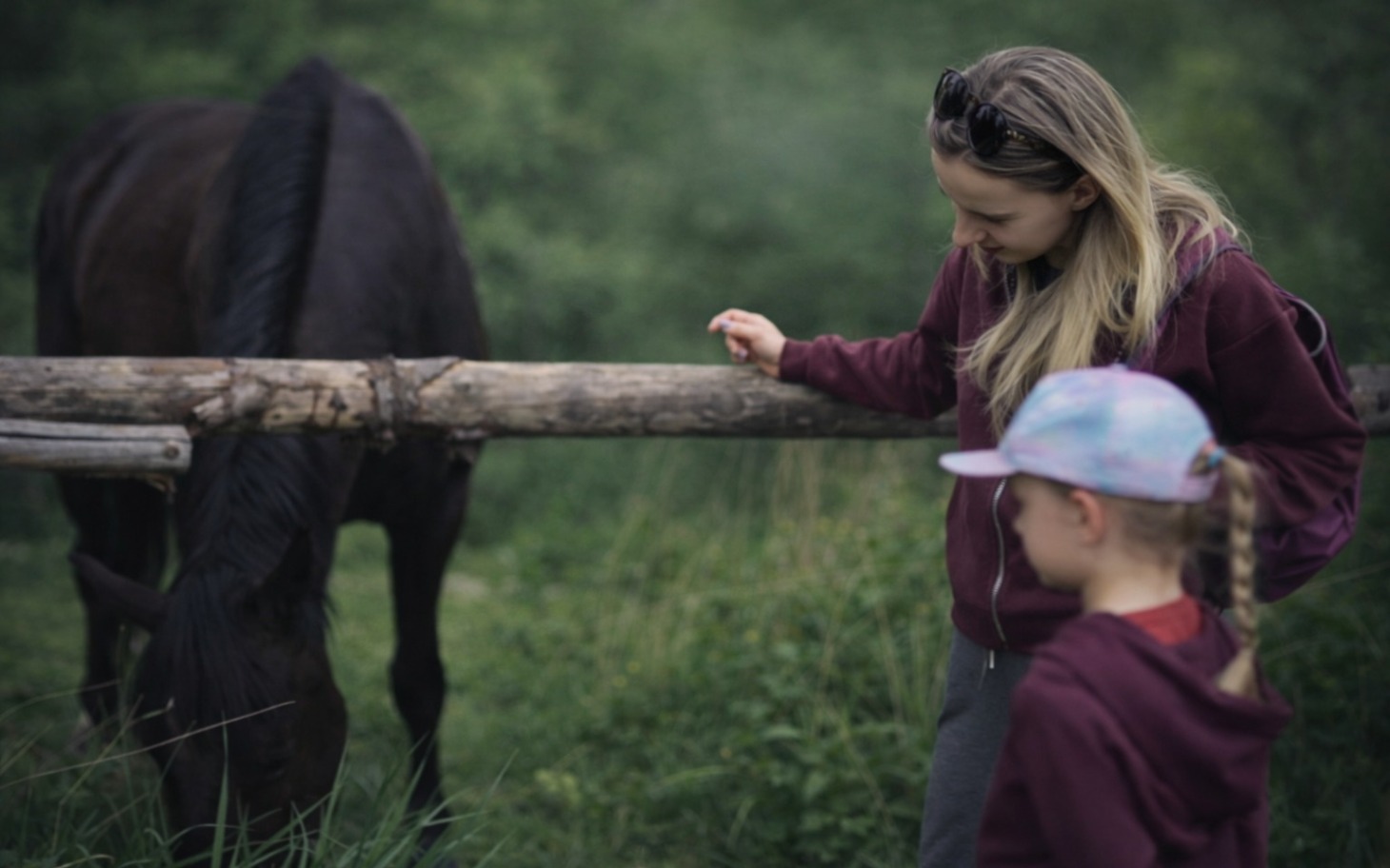 
        Dwie dziewczynki obserwujące konia przy drewnianym ogrodzeniu.
    