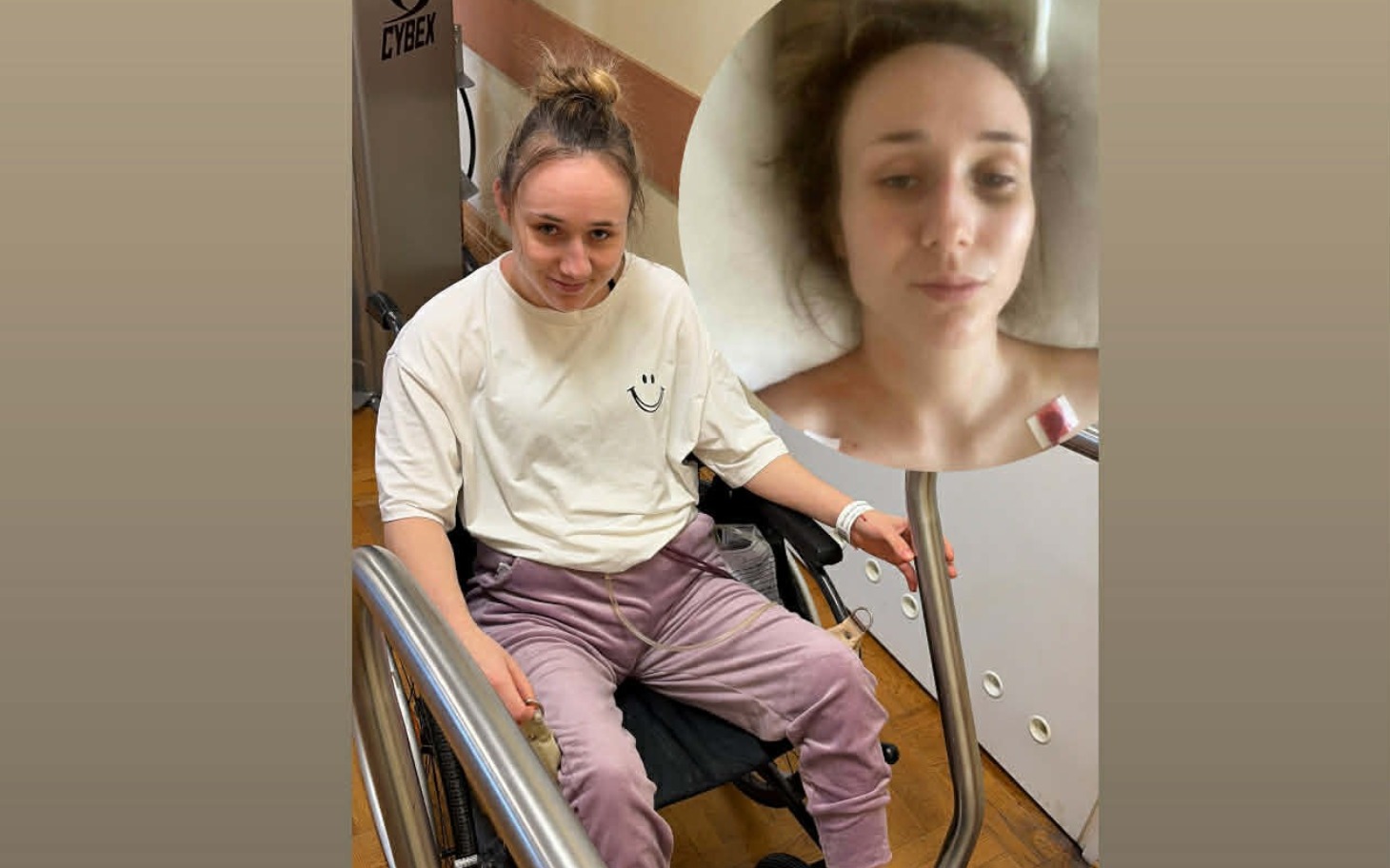 
        Młoda kobieta na wózku inwalidzkim, uśmiechająca się do kamery.
    