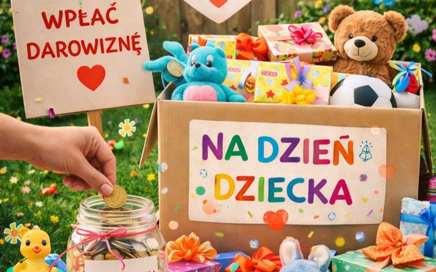 
        Zabawki i prezenty w kartonie na Dzień Dziecka.
    
