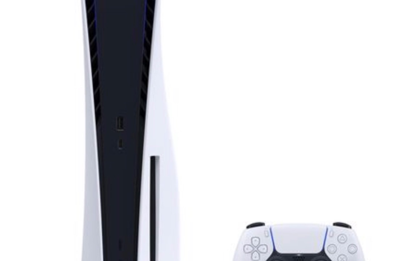 
        Konsola PlayStation 5 z kontrolerem na białym tle.
    